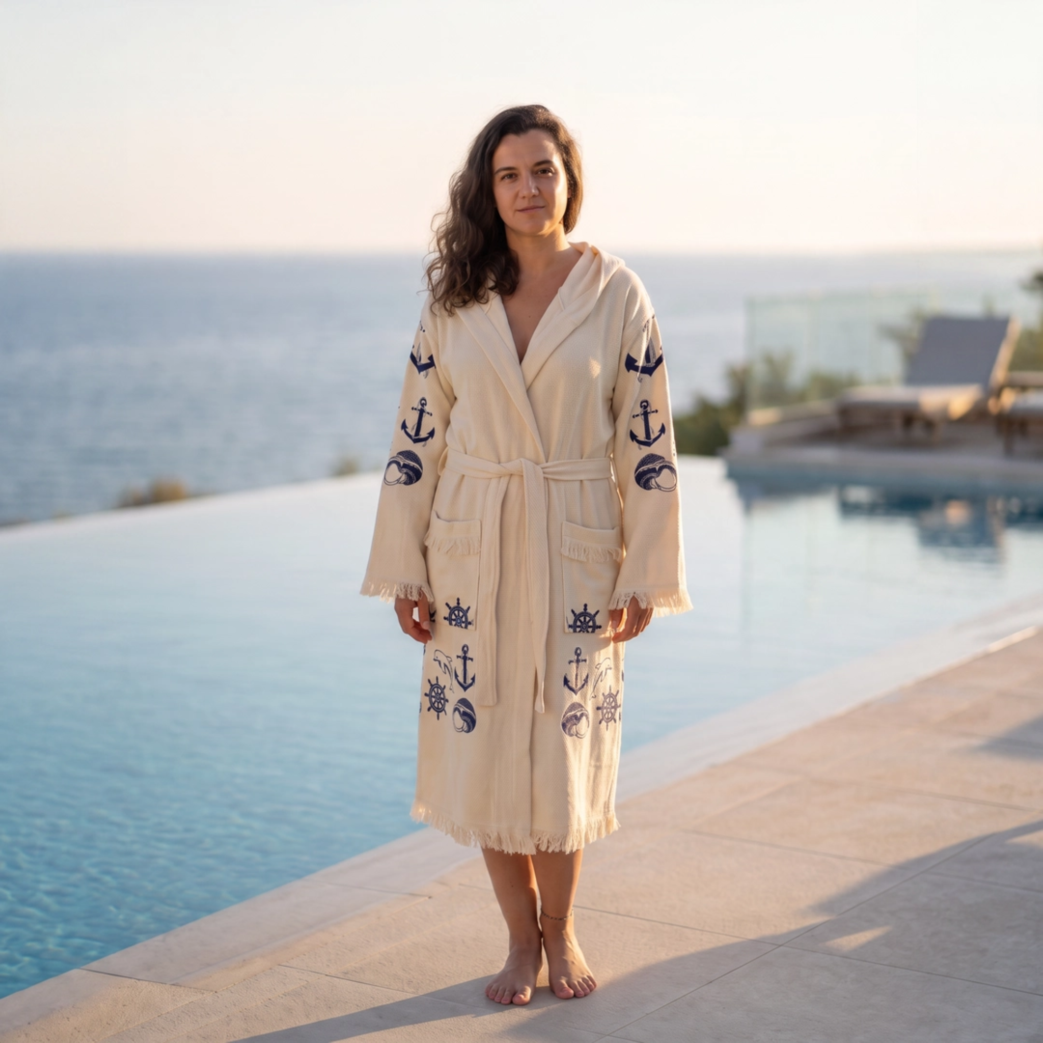 A woman stands barefoot by an infinity pool wearing a cream-colored cotton peshtemal robe with navy blue anchor and crescent moon embroidery. The background shows a blurred ocean and poolside setting.
