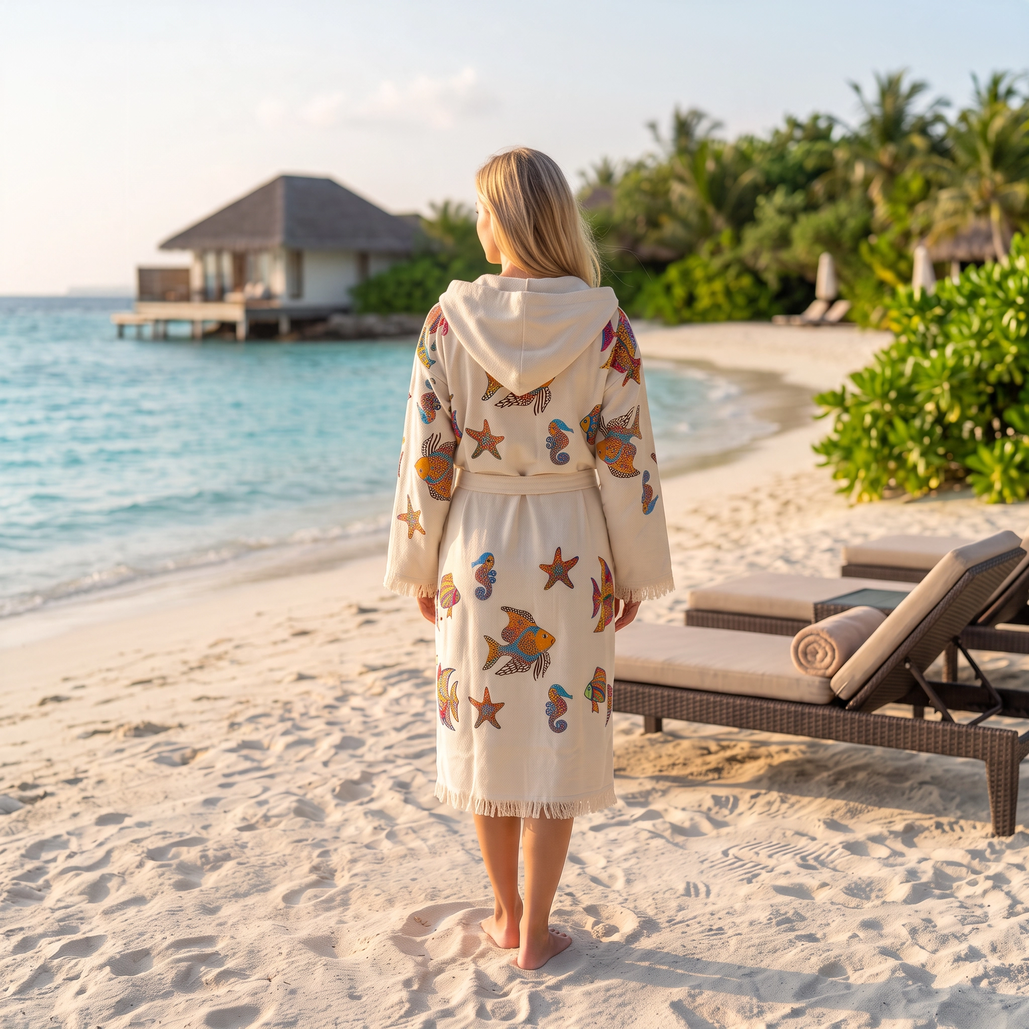 A woman stands on a sandy beach facing the ocean, wearing a cream-colored hooded robe with colorful sea-themed prints including starfish, seashells, and fish. Lounge chairs, tropical greenery, and overwater huts are visible in the background.