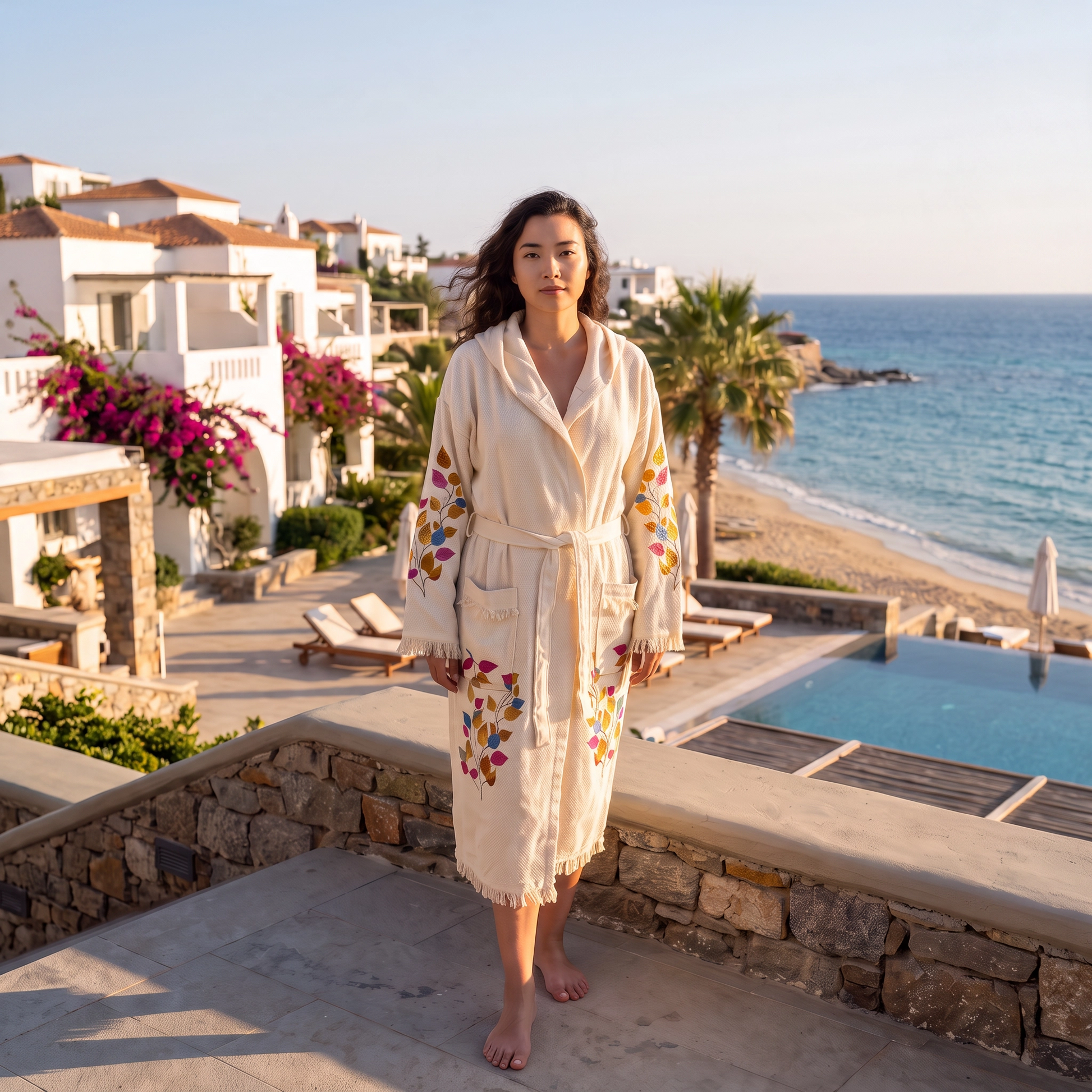 A woman stands outdoors by a pool and beach wearing a cream-colored embroidered peshtemal robe with colorful floral patterns. The setting includes white buildings, palm trees, and the blue sea.