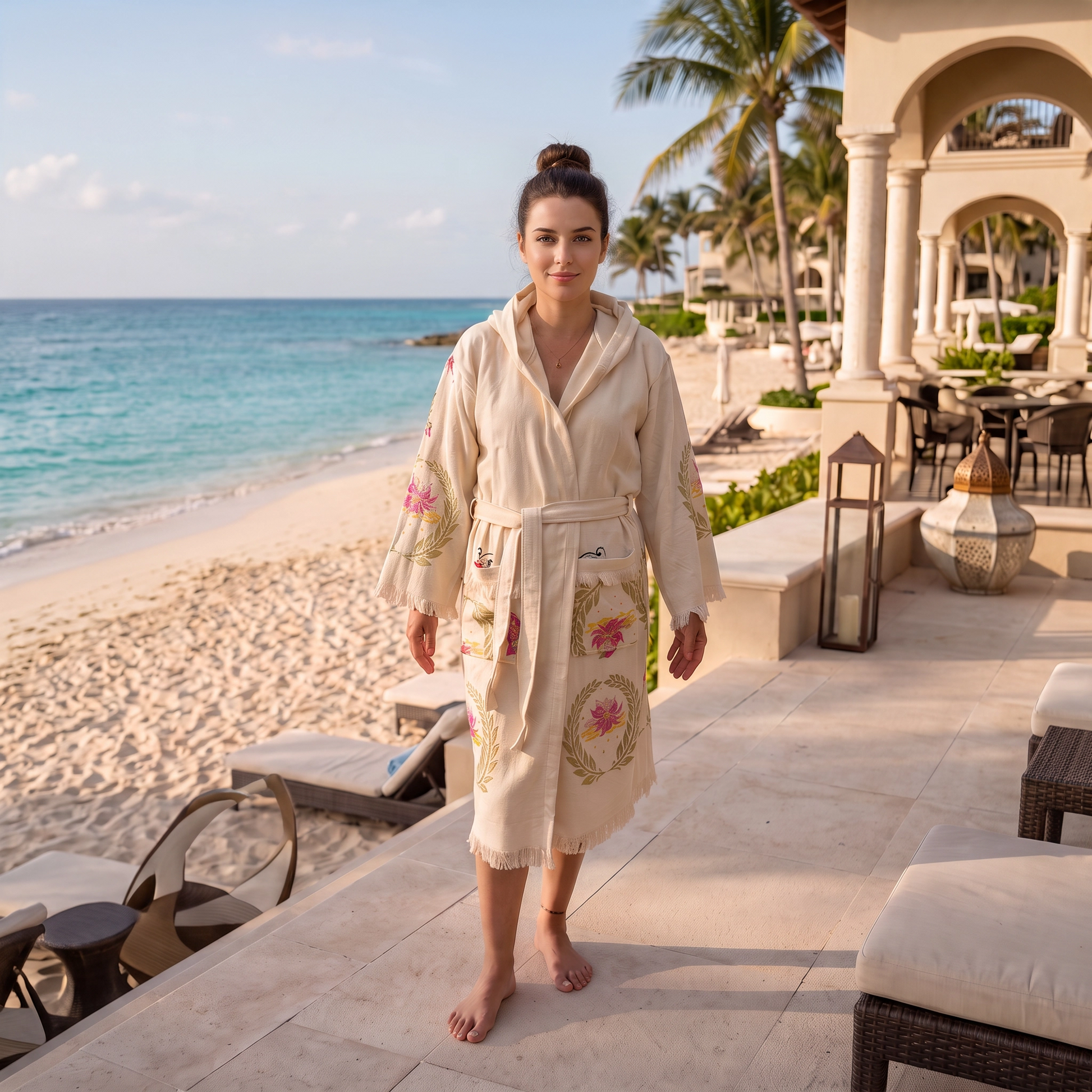 A woman stands barefoot on a tropical beach resort terrace wearing a cream-colored cotton peshtemal  robe with pink floral embroidery and gold leaf detailing. The background features a sandy beach, turquoise ocean, palm trees, and resort architecture.