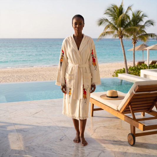 A woman stands barefoot on a marble poolside terrace wearing a cream-colored peshtemal robe with colorful embroidered figures on the sleeves and hem. A wooden lounge chair with a straw hat sits nearby, with a beach, ocean, and palm trees in the background.