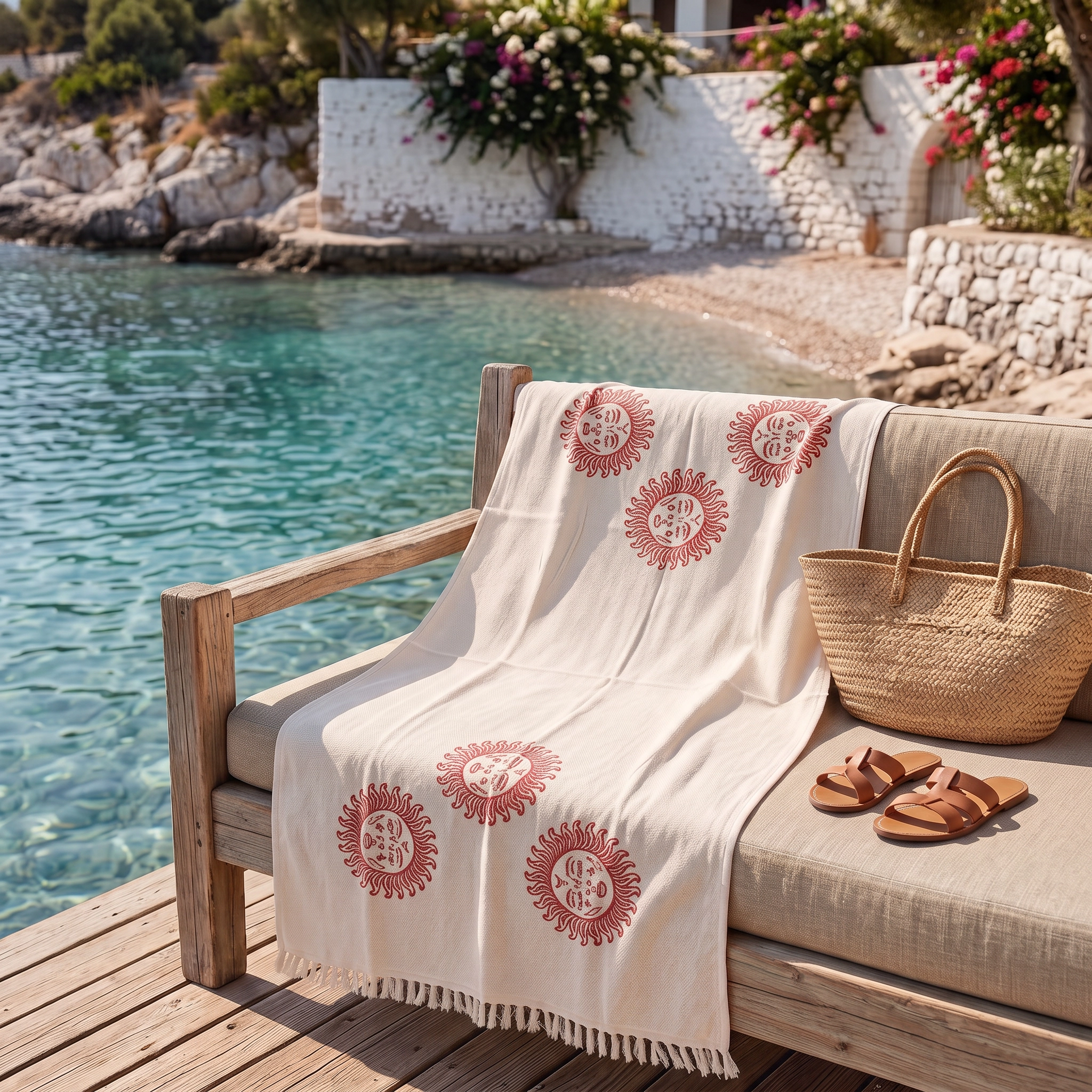 A cream-colored cotton throw peshtemal with red monogrammed sun figure and fringe, draped over a wooden beach chair next to a woven straw tote bag and brown leather sandals, set on a wooden deck overlooking a turquoise ocean.