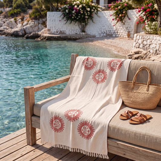 A cream-colored cotton throw peshtemal with red monogrammed sun figure and fringe, draped over a wooden beach chair next to a woven straw tote bag and brown leather sandals, set on a wooden deck overlooking a turquoise ocean.
