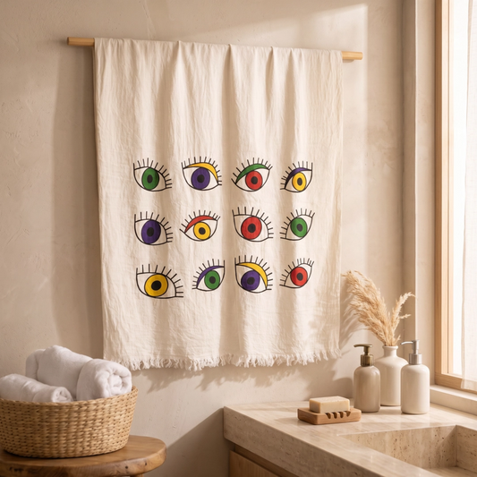 A cream-colored cotton peshtemal hanging with a 3x3 grid of colorful stylized eyes, displayed on a wooden rod in a warm, modern bathroom setting.
