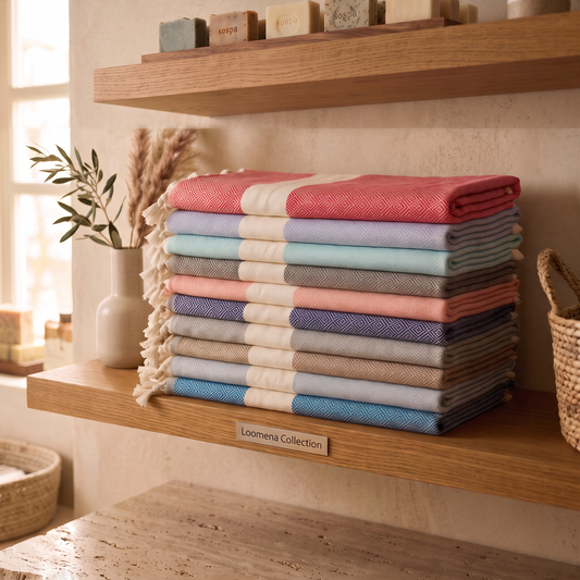 A stack of folded woven peshtemals in soft pastel and neutral tones sits on a wooden shelf in a warm, styled interior. The stack includes pieces with cream, coral, blue, gray, pink, and navy sections, and a small sign reads 'Lomera Collection.