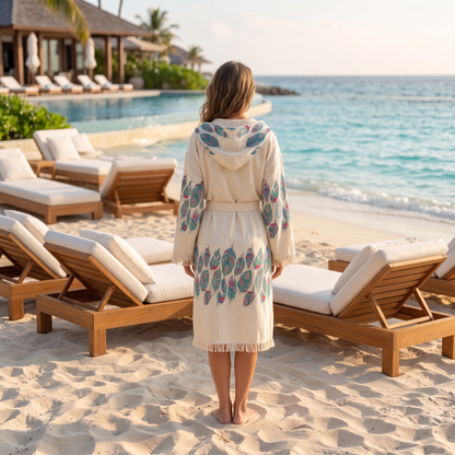 A woman stands on a sandy beach facing the ocean, wearing a cream hooded peshtemal robe with colorful feather embroidery. Wooden lounge chairs, a resort pool, and huts are visible in the background.