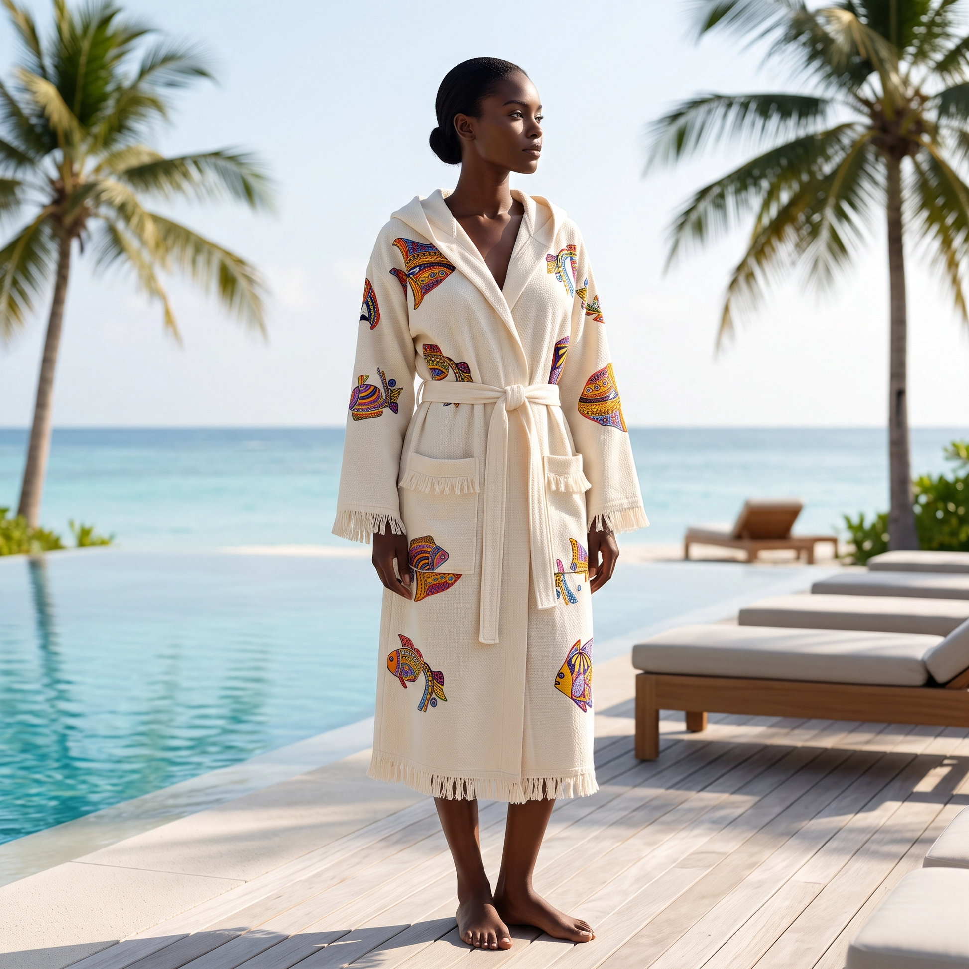 A woman stands barefoot on a wooden deck beside an infinity pool, wearing a cream-colored robe with colorful fish prints and fringe trim. Palm trees and lounge chairs are visible in the background.