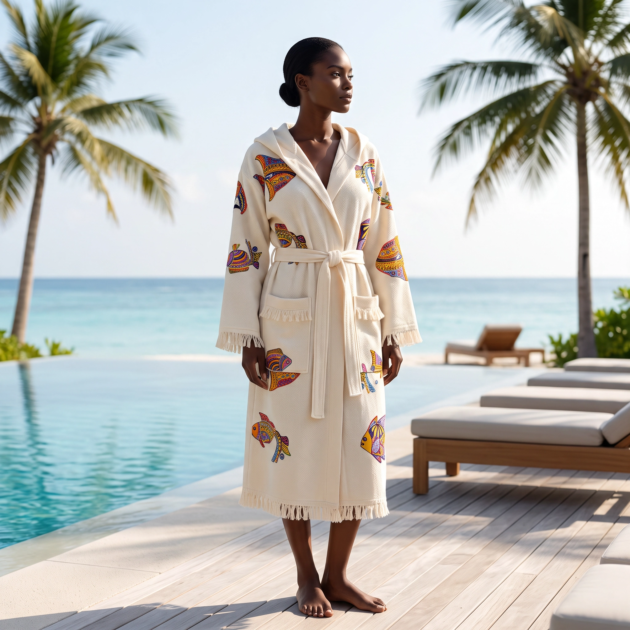 A woman stands barefoot on a wooden deck beside an infinity pool, wearing a cream-colored robe with colorful fish prints and fringe trim. Palm trees and lounge chairs are visible in the background.