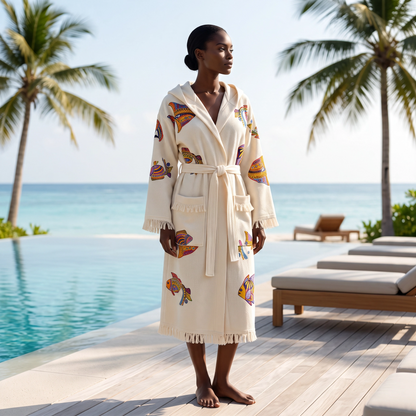 A woman stands barefoot on a wooden deck beside an infinity pool, wearing a cream-colored robe with colorful fish prints and fringe trim. Palm trees and lounge chairs are visible in the background.