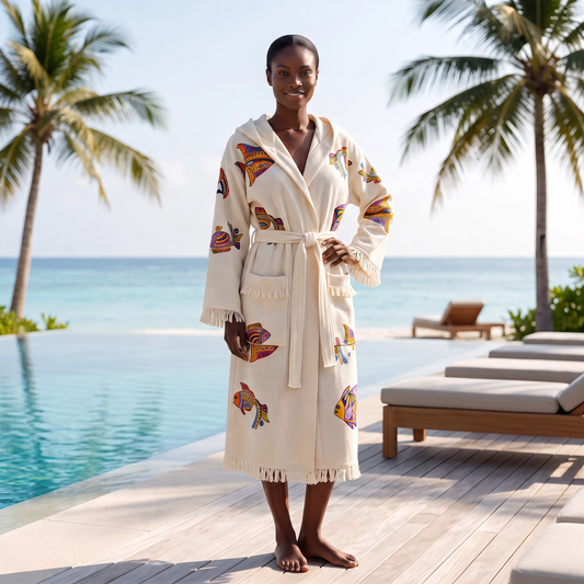 A woman stands barefoot on a wooden deck beside a resort pool, wearing a cream bathrobe with colorful fish motifs and fringe trim. Palm trees and lounge chairs are visible in the background.