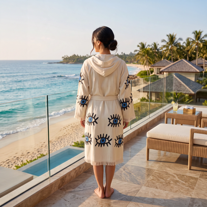 A woman stands on a beachfront balcony wearing a cream hooded peshtemal robe with black embroidered eye motifs and blue details. The background shows a tropical ocean, palm trees, and resort-style huts.
