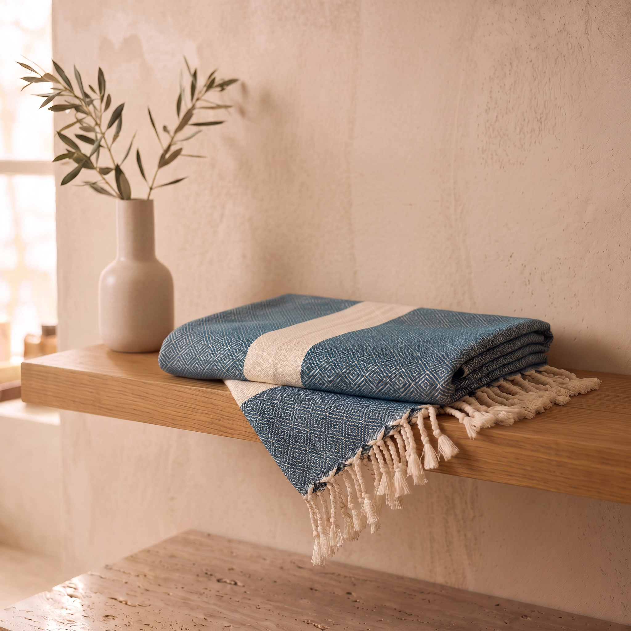 A folded blue and cream woven peshtemal with fringe tassels rests on a wooden shelf against a textured beige wall, with a small vase of greenery beside it.