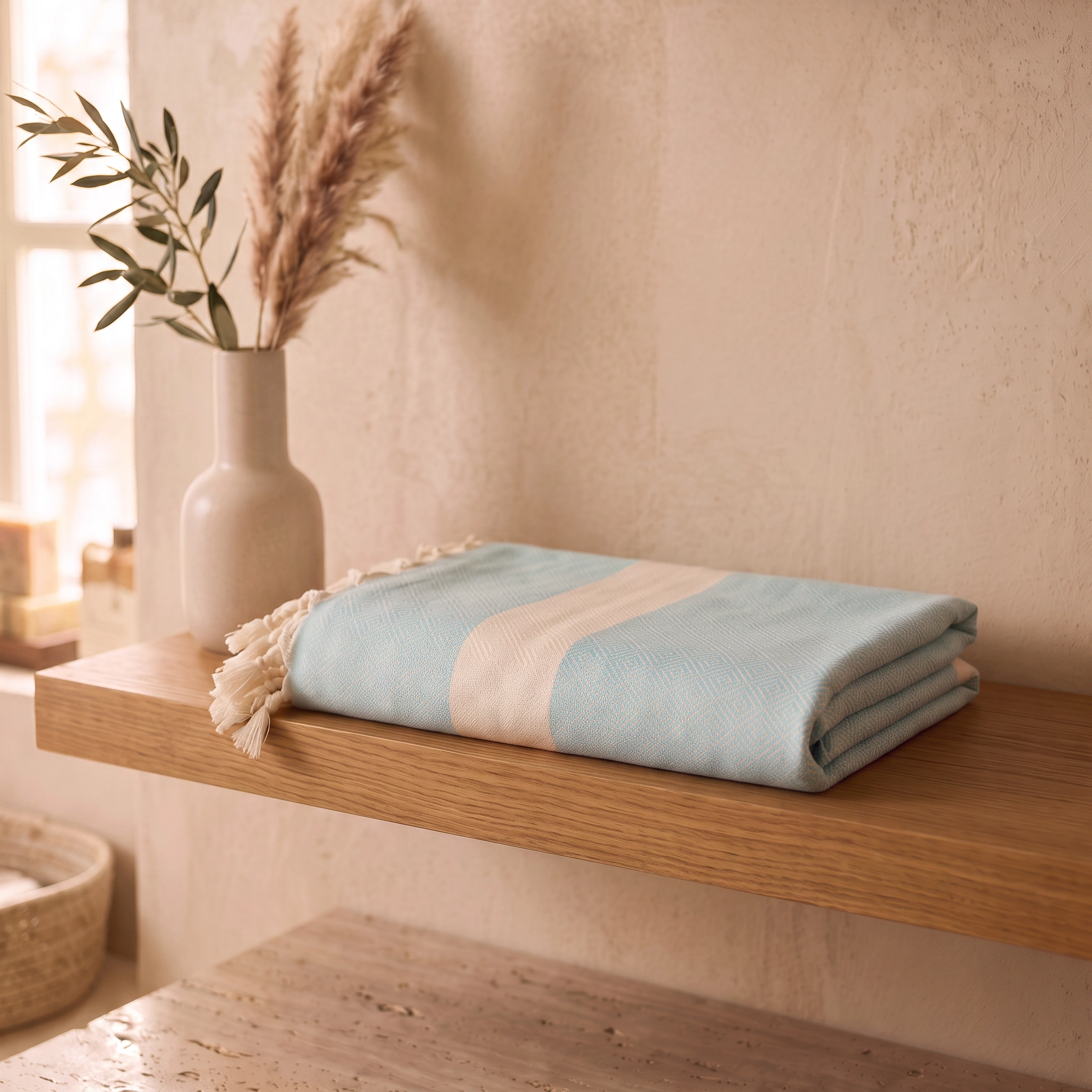 A folded light blue and cream striped peshtemal  with tassel fringe is displayed on a floating wooden shelf in a warm, neutral-toned room next to a vase with dried grasses.