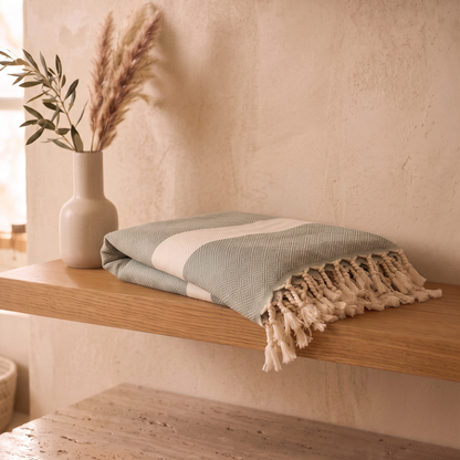 A folded woven peshtemal with cream fringe is draped over a wooden shelf in a warm, neutral-toned room. The blanket has a sage green and cream herringbone pattern with a wide cream stripe.