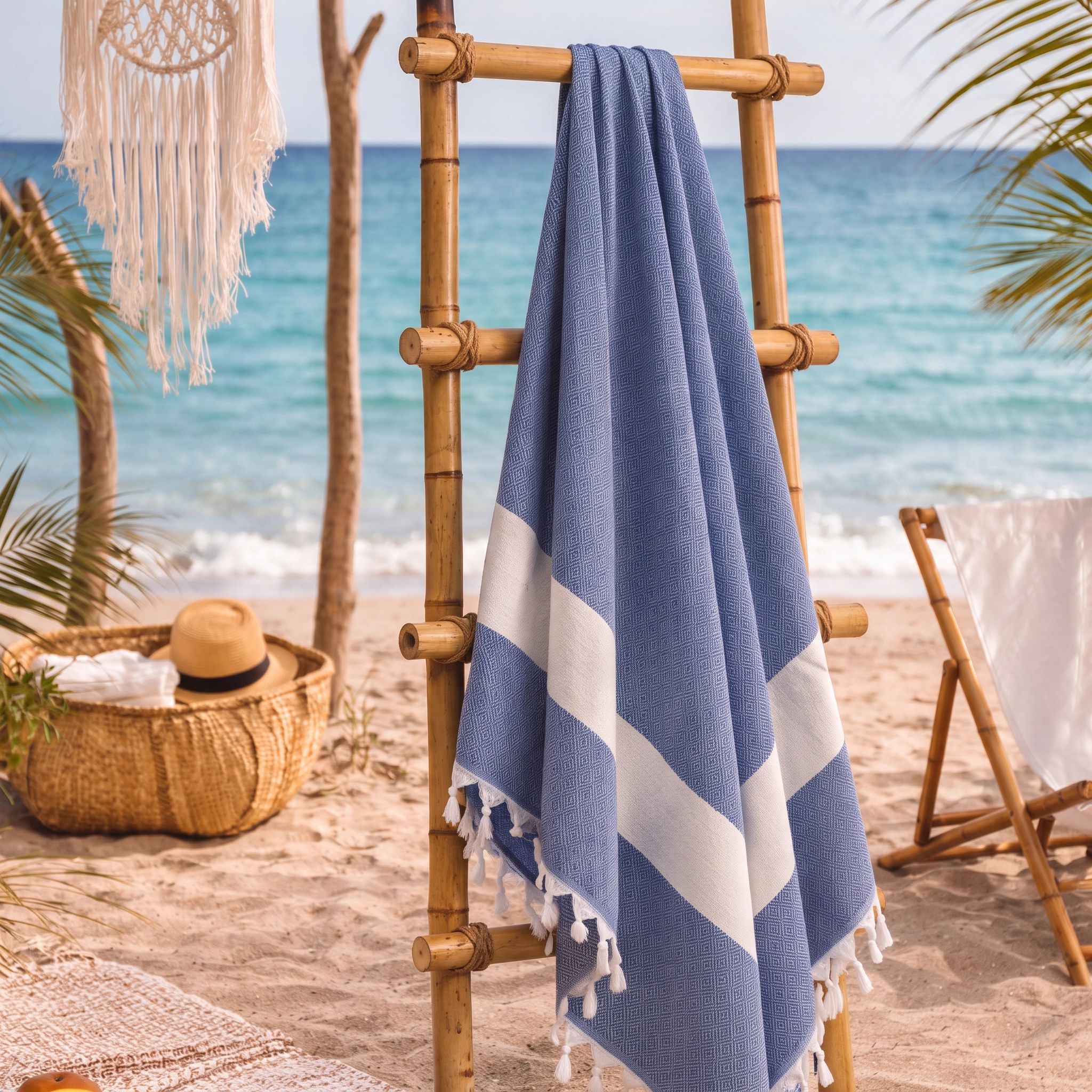 A blue and white striped beach towel with white tassels hangs on a bamboo towel ladder on a sandy beach with the ocean in the background.
