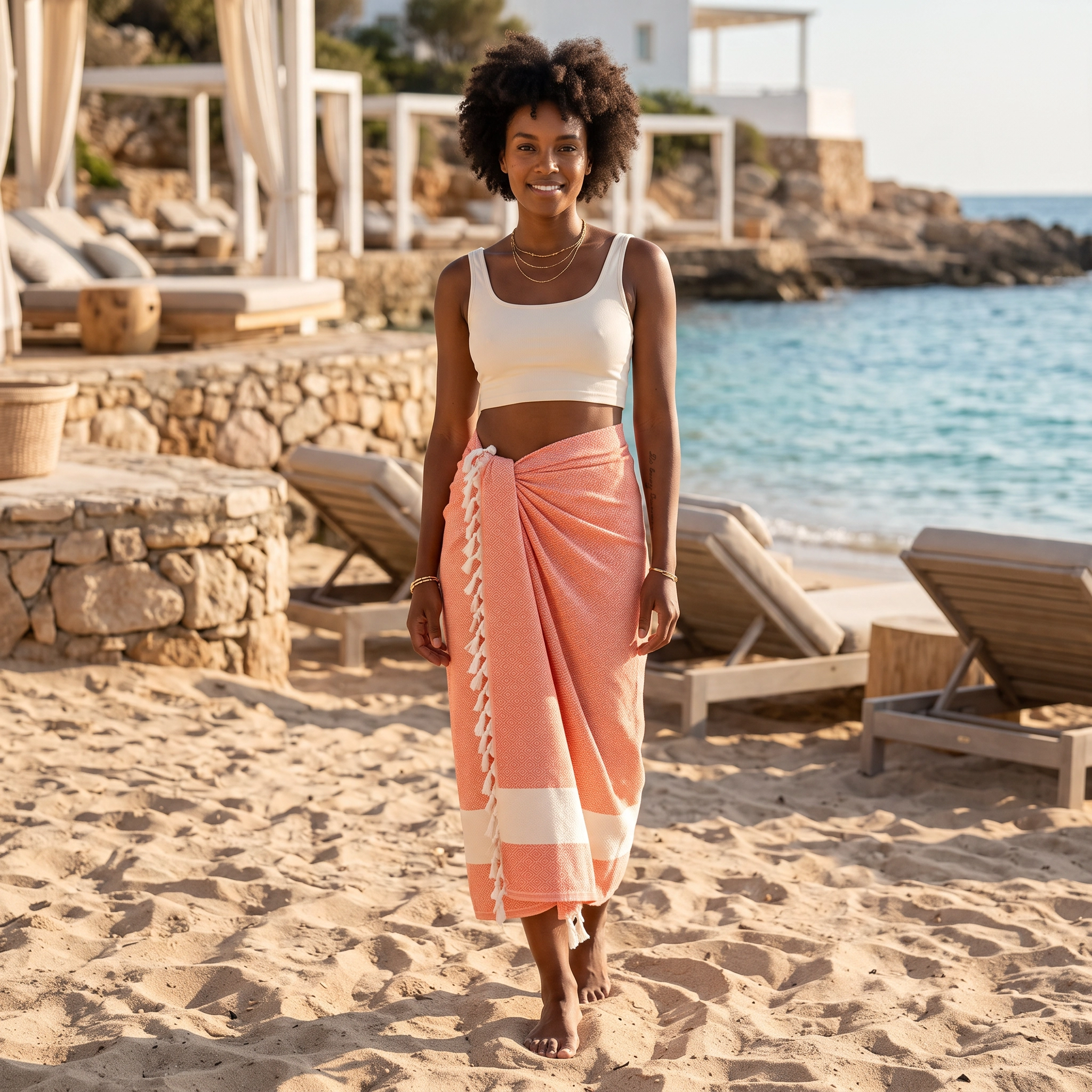 A woman stands on a sandy beach wearing a white sleeveless crop top and a coral-pink peshtemal sarong with white stripes, with lounge chairs and a blue ocean in the background.