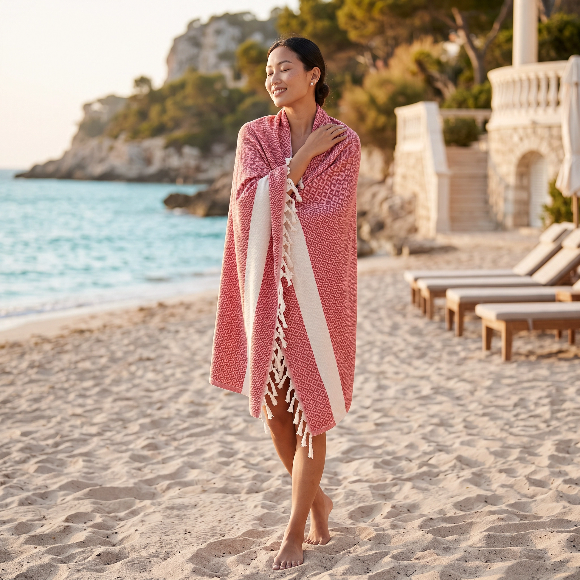 A woman standing on a sandy beach wrapped in a pink and white striped fringed Peshtemal, with turquoise water and a stone building in the background.