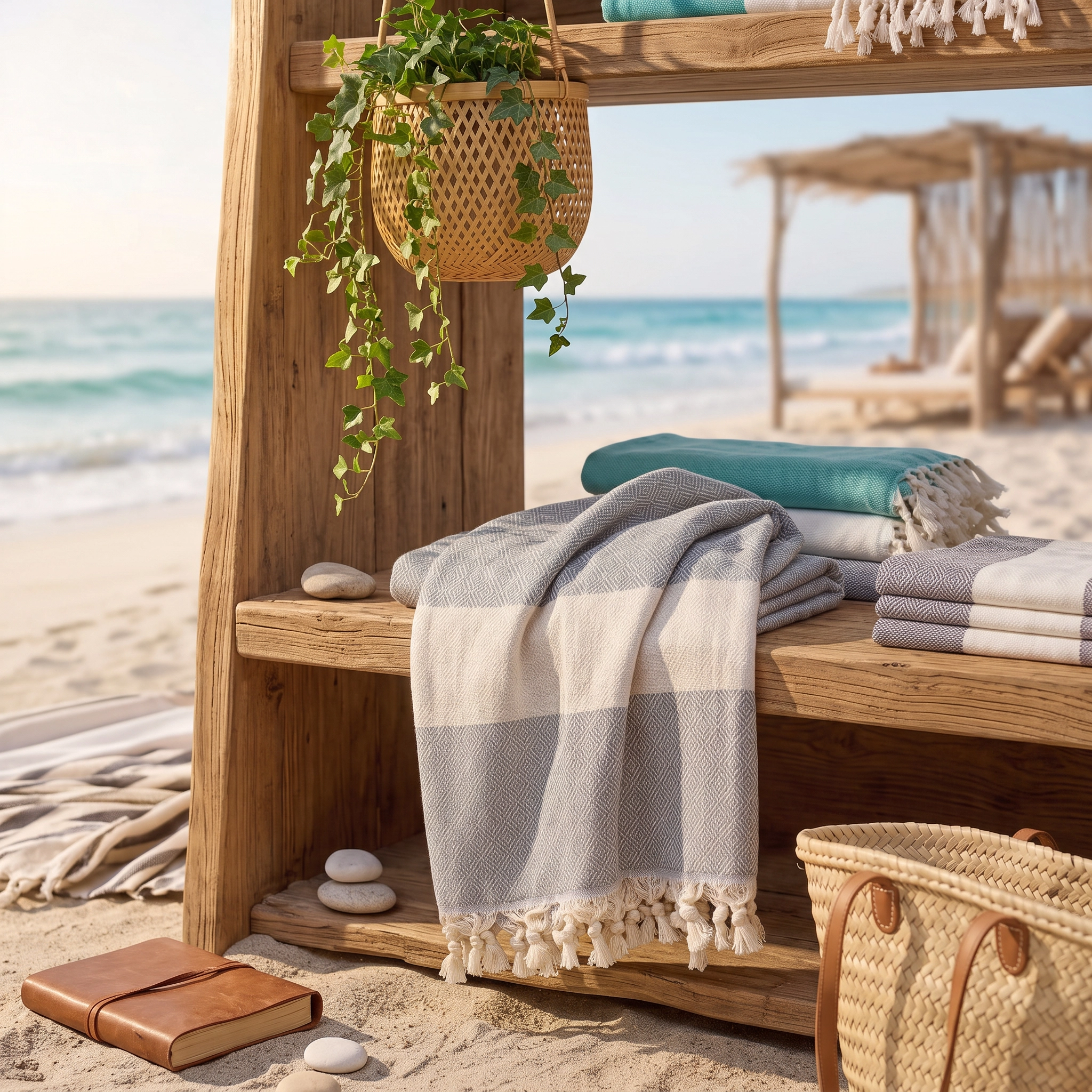 A styled beach scene with a wooden shelf holding folded peshtemal and a striped throw blanket with cream fringe. A hanging woven basket with trailing greenery sits above, and a straw tote bag rests on the sand below.