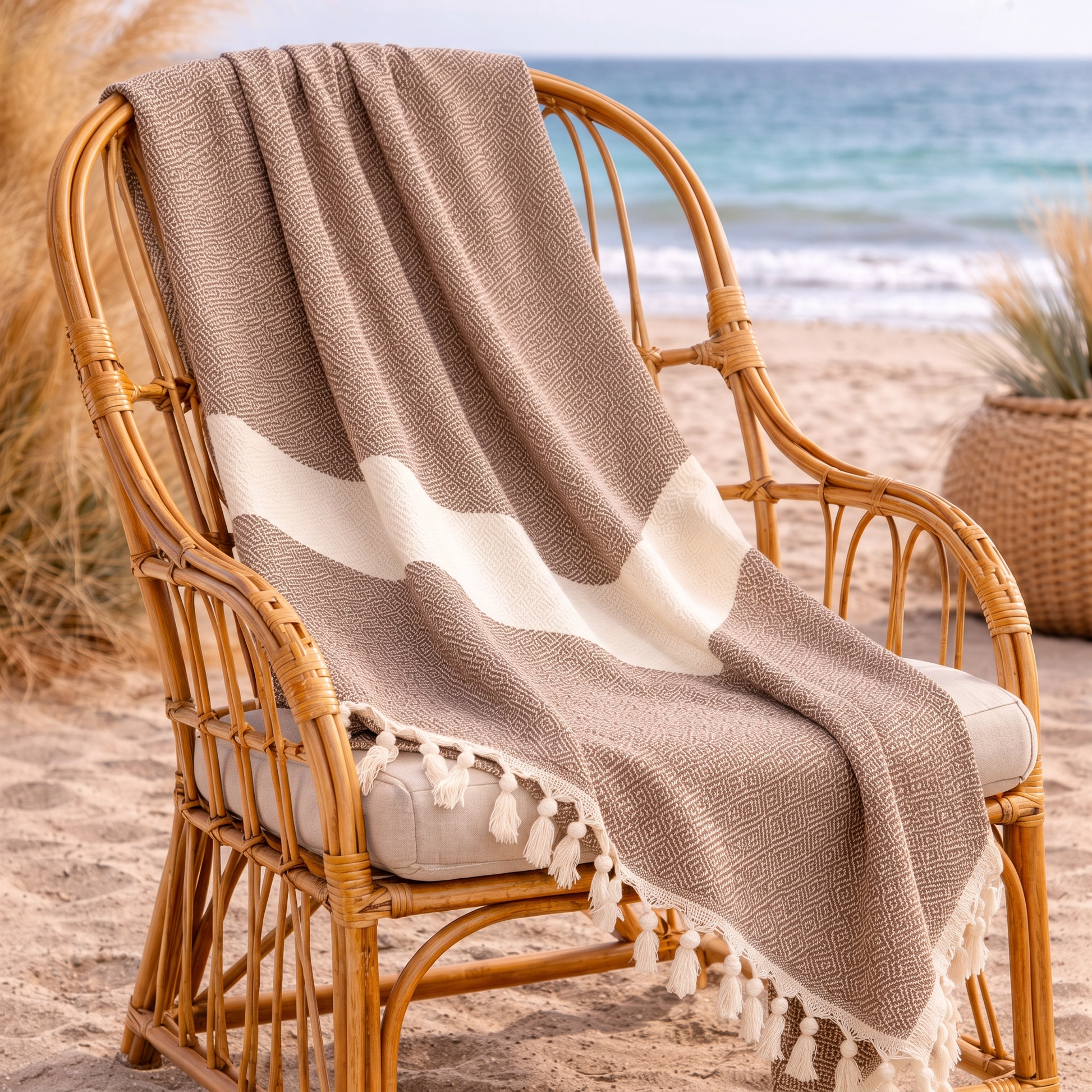 A textured woven Peshtemal in taupe and cream with tasseled edges, draped over a rattan chair on a sandy beach with the ocean in the background.