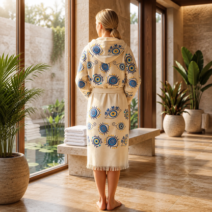A woman stands with her back to the camera in a luxurious spa-like bathroom, wearing a cream-colored hooded peshtemal robe decorated with blue and yellow sun motifs. The setting features large windows looking out onto a garden pool, stone benches, and potted plants.