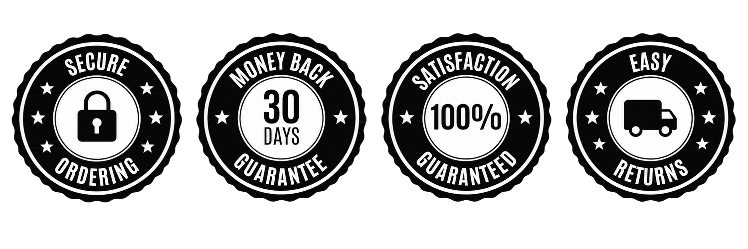 Set of four black and white guarantee and return policy stamps on a white background.