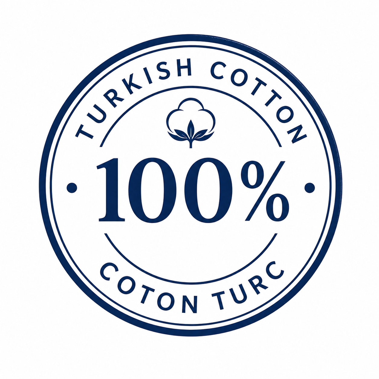 A circular navy blue and white badge reading 'TURKISH COTTON' and 'COTON TURC' with '100%' in the center and a cotton plant icon above, on a white background.